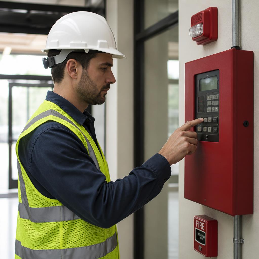 AZ Fire Protection technician servicing a commercial fire alarm system in Phoenix, Arizona